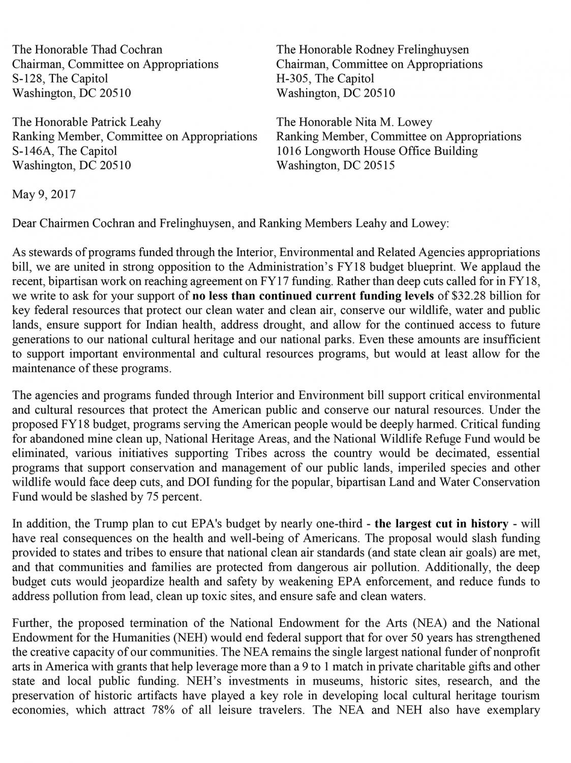 Letter of opposition to EPA budget cuts