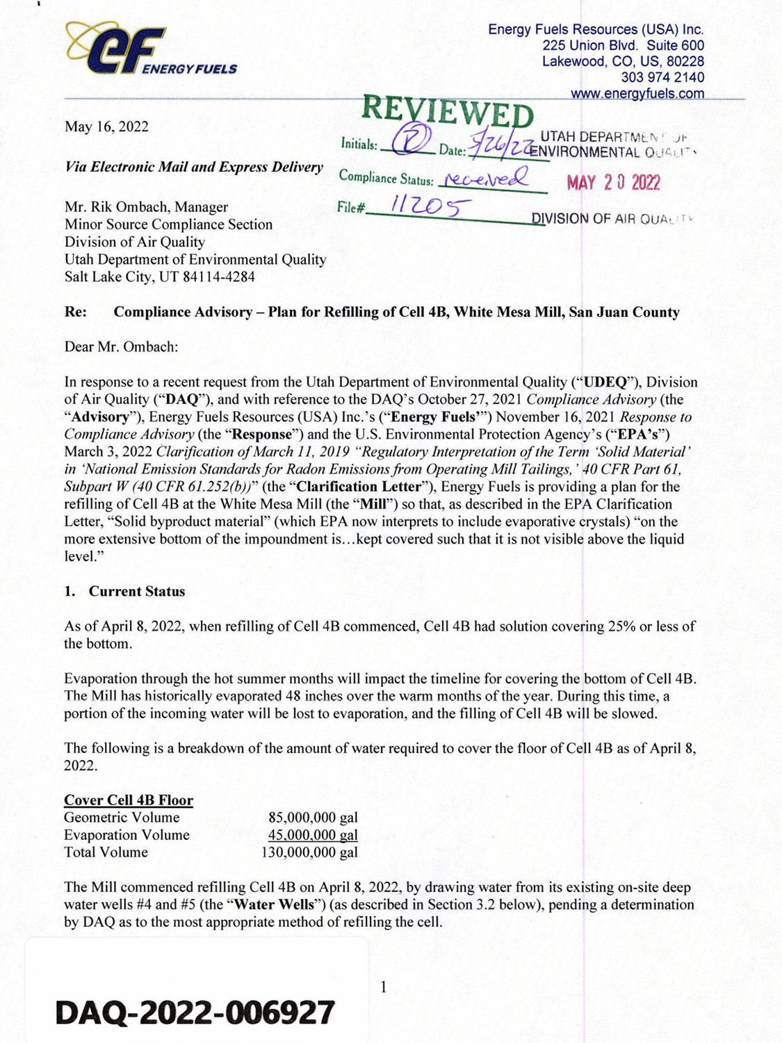 Letter from EFR on filling cell 4B