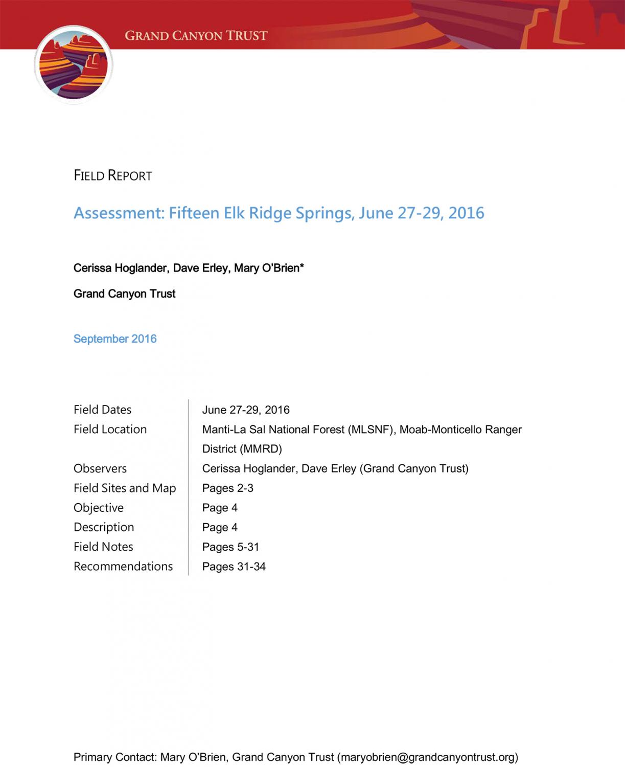 Elk Ridge Springs Field Report