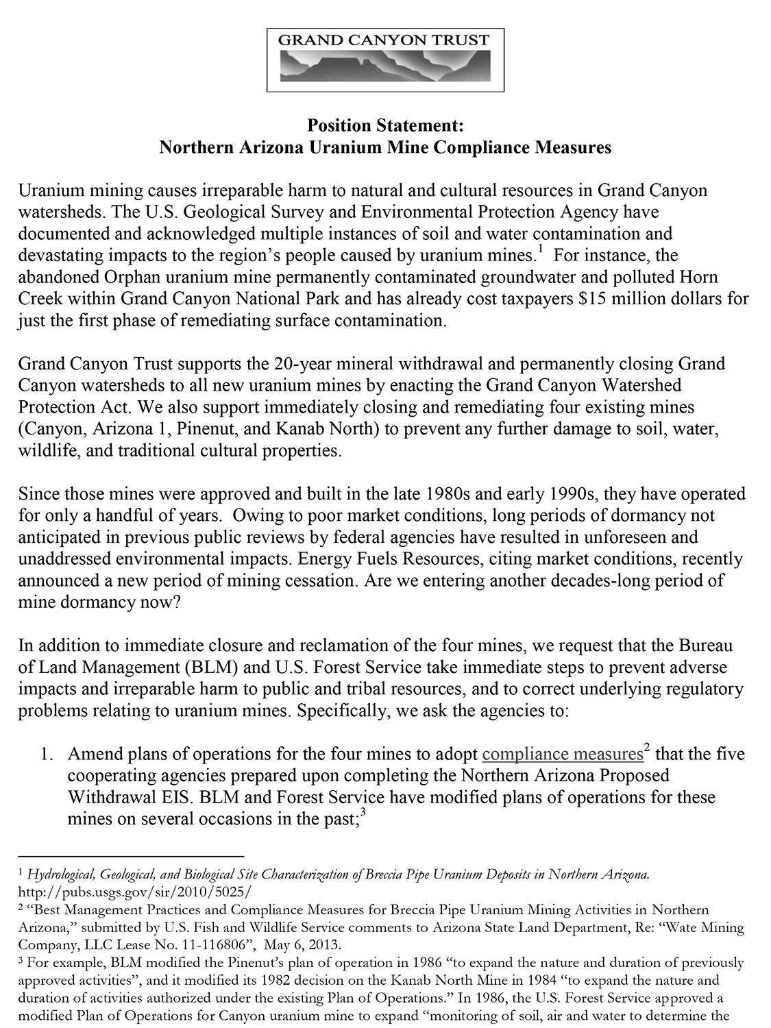 Trust position on uranium mining around the Grand Canyon