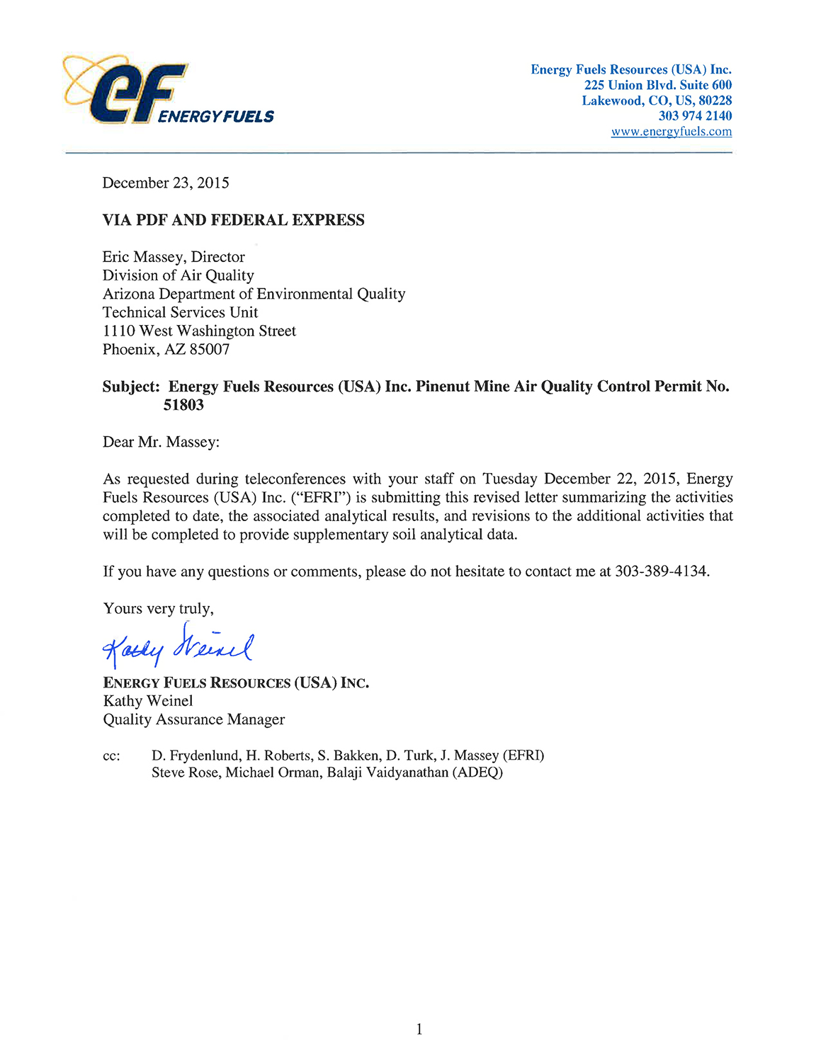 Letter regarding Pinenut Mine air quality permit