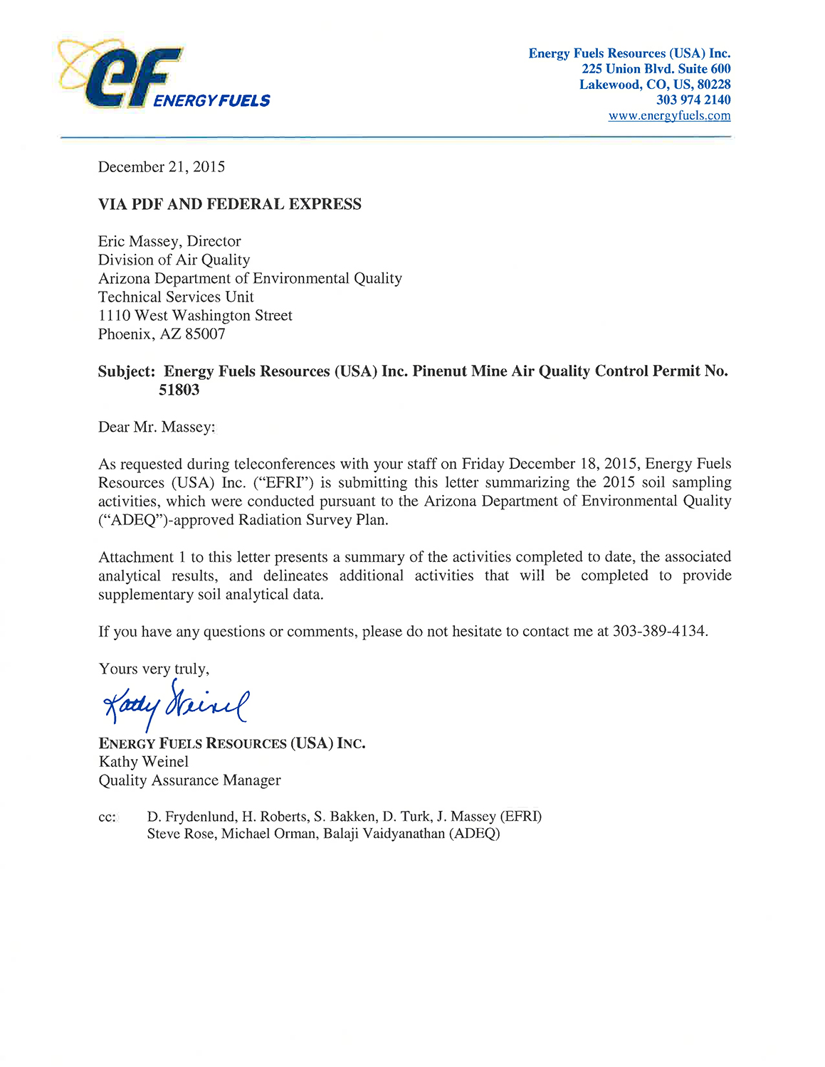 Pinenut Mine air quality permit letter