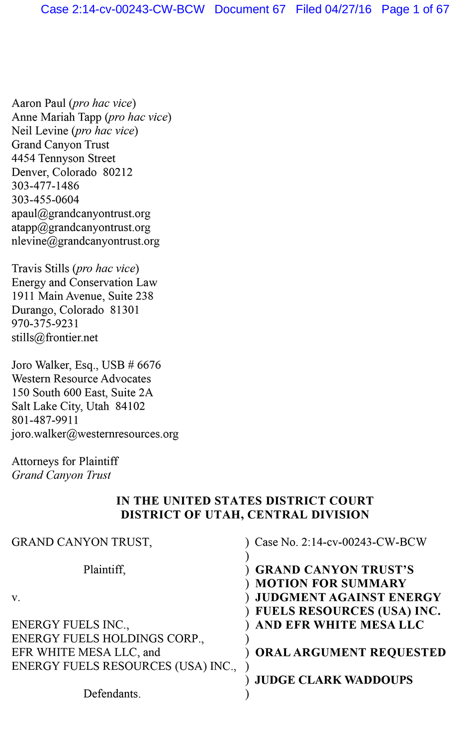 Motion for summary judgement against Energy Fuels