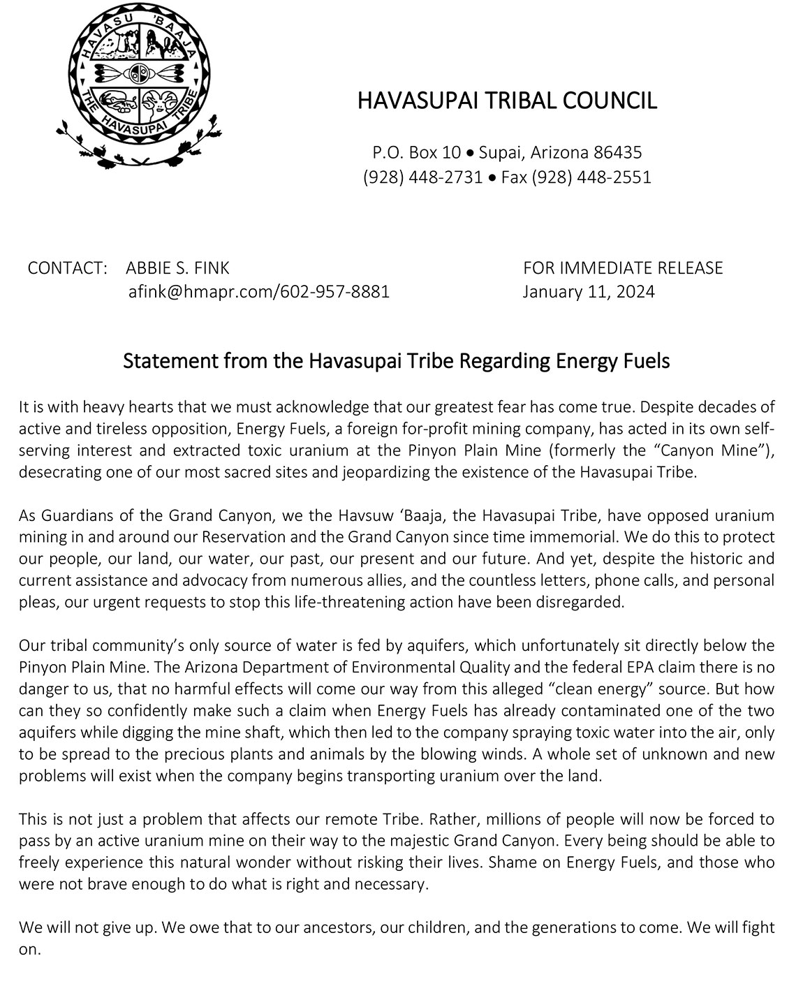 Havasupai Tribal Council Statement on uranium ore extraction at Canyon Mine.