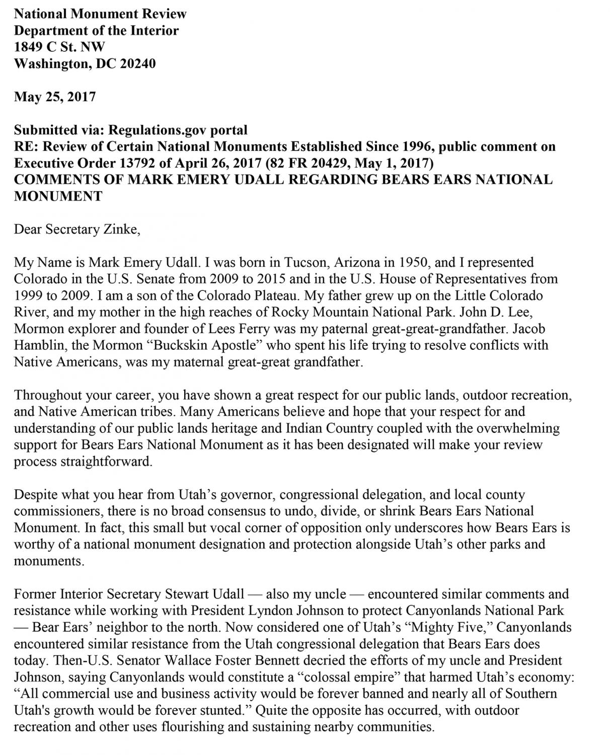 Mark Udall's letter