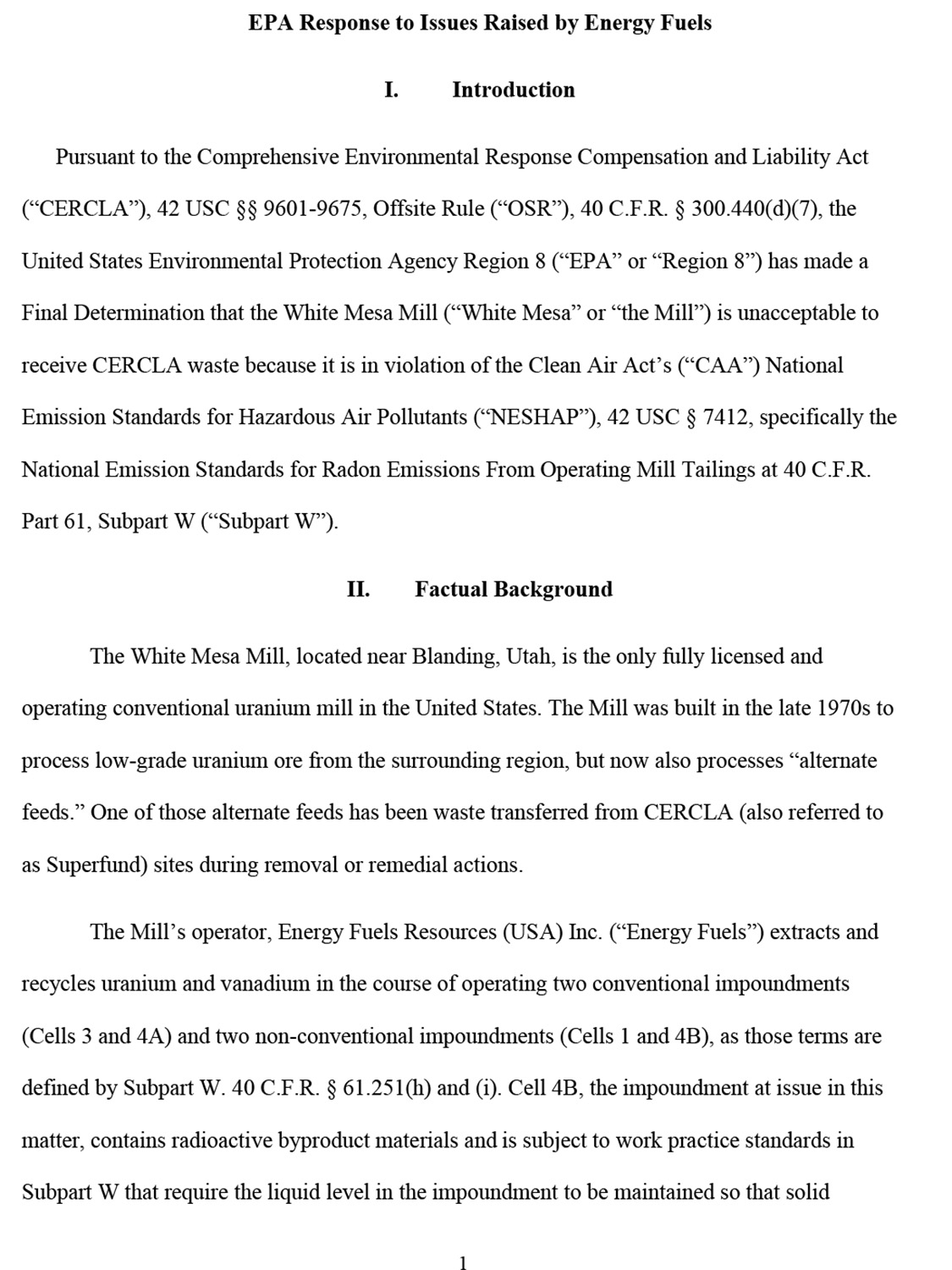 EPA response to issues raised by Energy Fuels