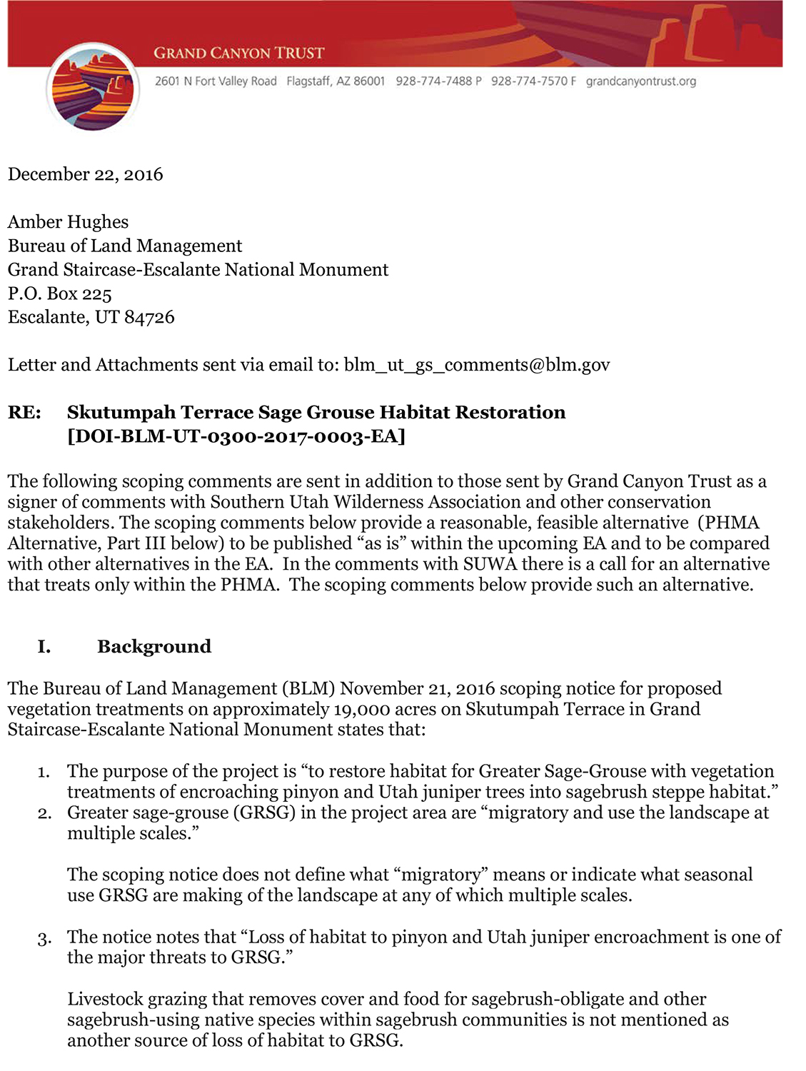 Letter regarding Skutumpah terrace sage grouse habitat restoration