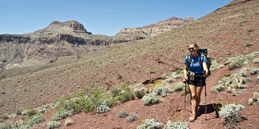 Smiling young blond woman in black shorts and blue short and large backpack hikes along a path in the Grand Canyon