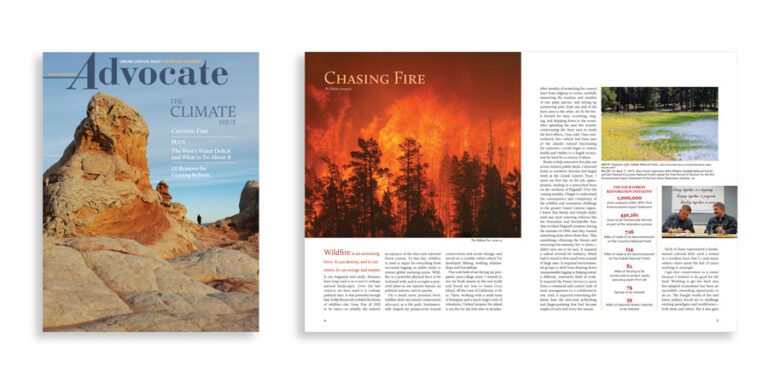 Grand Canyon Trust Colorado Plateau Advocate Magazine spread featuring a cover with red rock formations and the title "Advocate: The Climate Issue," beside an inside page about wildfires with a photo of a forest fire.