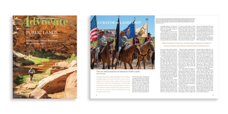 Grand Canyon Trust Colorado Plateau Advocate Magazine titled "Advocate: Public Lands" with a cover photo of a hiker in a canyon and an open spread showing an article with riders on horseback and multiple flags.