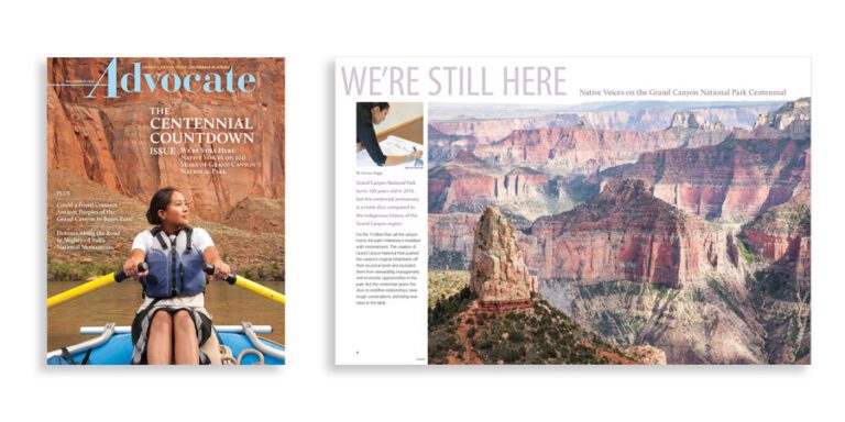 Grand Canyon Trust Colorado Plateau Advocate magazine cover shows a girl rowing on a river, alongside an open spread featuring a panoramic view of the Grand Canyon and the headline, "We're Still Here."
