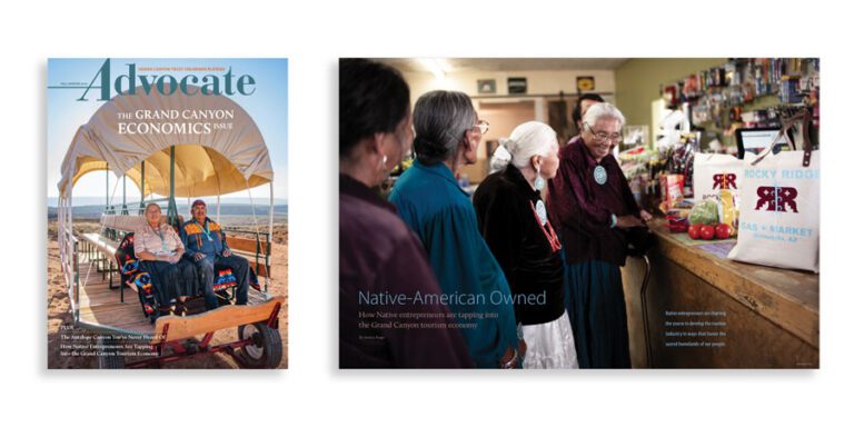 Grand Canyon Trust Colorado Plateau Advocate Magazine cover shows two Native American people in a wagon, the other shows a group at a store counter with Rocky Ridge Market bags and groceries.