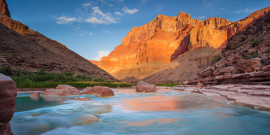 Milky turquoise water flows over rocks with canyon cliffs lit up golden in the background. The tourquoise waters of the Little Colorado River near its confluence with Colorado River in the Grand Canyon with dawn light on Chuar Butte, AZ.
