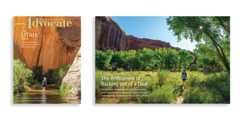 Grand Canyon Trust Colorado Plateau Advocate Magazine cover and spread featuring scenic Utah landscapes; people walk near rock formations and greenery under a bright blue sky.