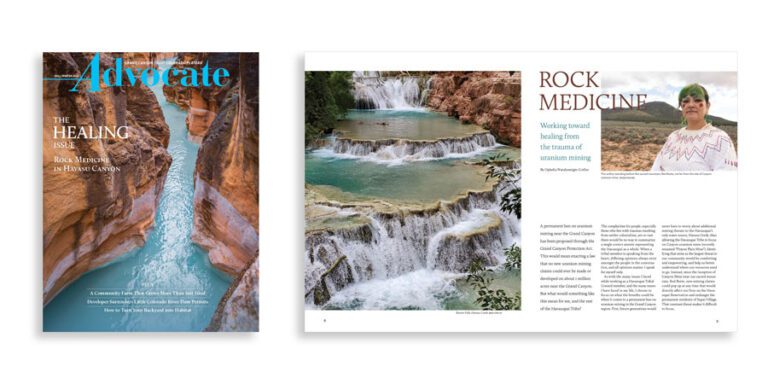 Grand Canyon Trust Colorado Plateau Advocate Magazine cover and spread featuring canyon and waterfall photos; the spread headline reads "Rock Medicine" with an image of a person and text about healing from uranium mining trauma.