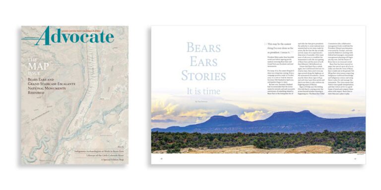 Grand Canyon Trust Colorado Plateau Advocate Magazine cover and open spread; cover features a map and title "Advocate," while the open spread shows an article titled "Bears Ears Stories" above a landscape photograph of mesas.
