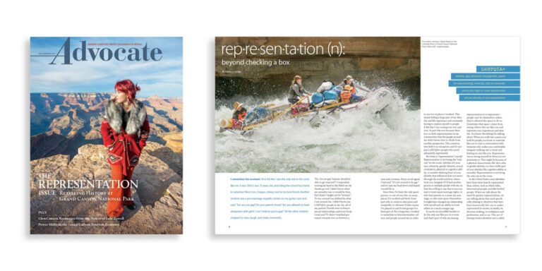 Grand Canyon Trust Colorado Plateau Advocate Magazine spread featuring the cover of "Advocate" with a woman in traditional attire at the Grand Canyon and an interior article about representation with a rafting photo.