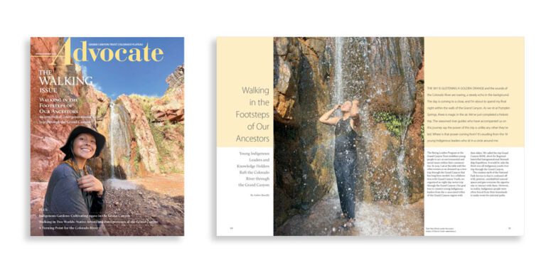 Grand Canyon Trust Colorado Plateau Advocate Magazine featuring a woman standing under a waterfall outdoors on the left and a woman smiling under the waterfall on the right, with accompanying article text.
