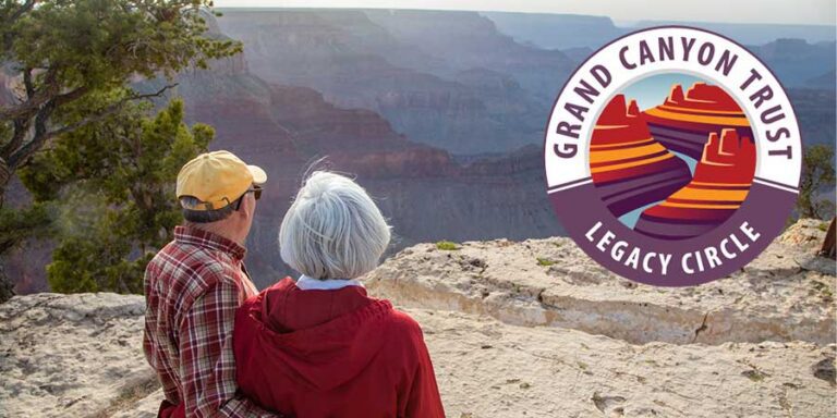 Two people stand at the edge of the Grand Canyon, looking out over the landscape. A “Grand Canyon Trust Legacy Circle” logo is displayed on the right side of the image, highlighting how giving appreciated securities can help protect these breathtaking vistas for future generations.