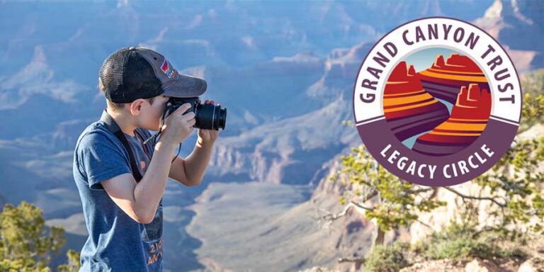 A boy takes a photo with a camera at the Grand Canyon; the Grand Canyon Trust Legacy Circle logo is overlaid on the right side, highlighting how Gifts Through Your IRA can help protect these treasured landscapes for future generations.