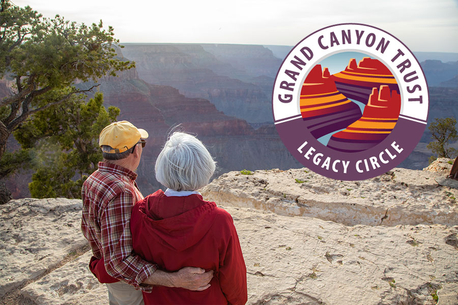 An older couple stands on the rim of the Grand Canyon looking out toward the Colorado River