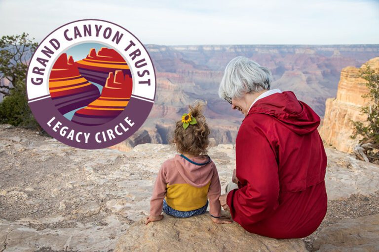 A grandma in a red coat sits next to her young granddaughter on the rim of the Grand Canyon