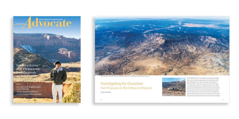 Grand Canyon Trust Colorado Plateau Advocate Magazine cover and inside spread featuring an article titled "Investigating for Ourselves: Dam Proposals on Black Mesa and Beyond," with a portrait and a landscape photo of a canyon area.