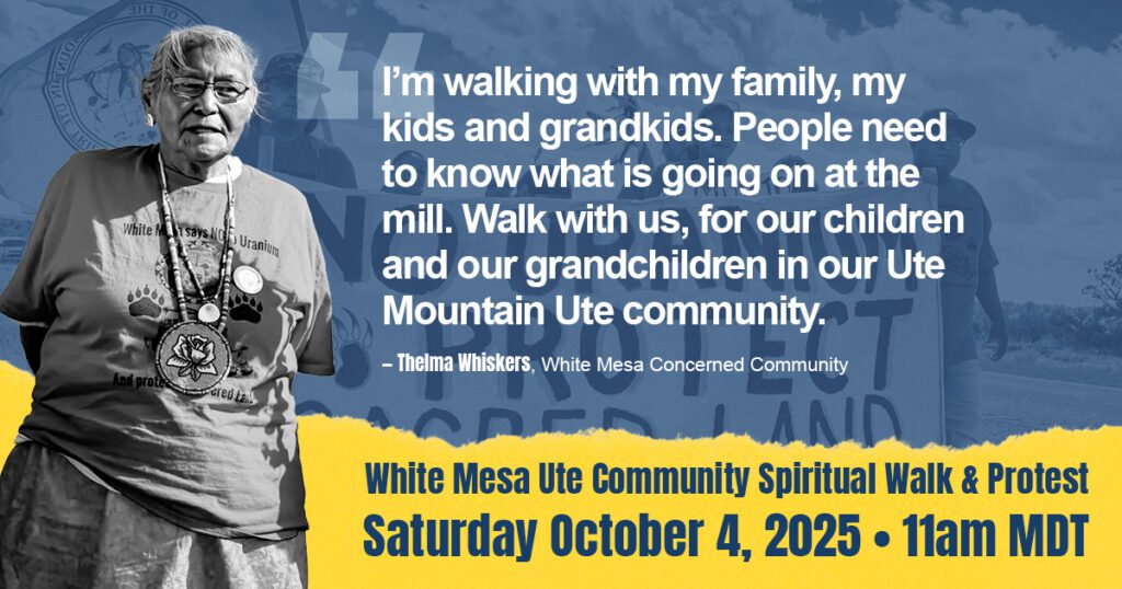 Elderly woman in traditional attire speaks at a protest. Event details: White Mesa Ute Community Walk & Protest, October 4, 2025, 11am MDT. Quote about community and family included.