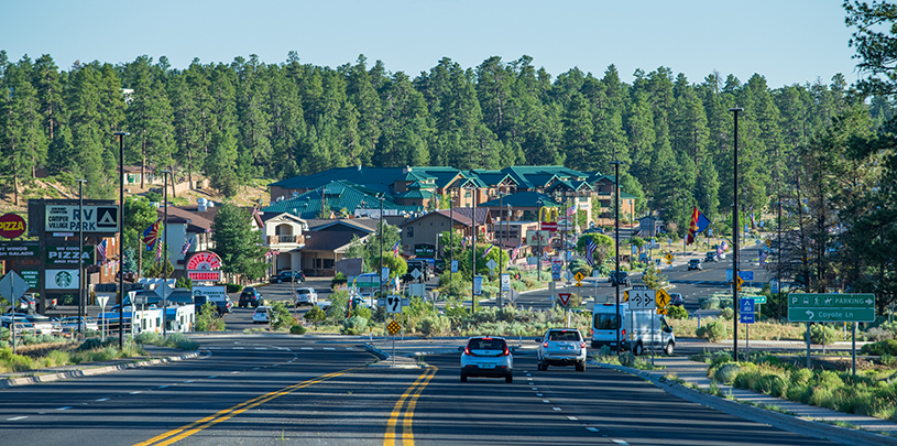 A view of the main street in Tusayan, Arizona where the Tusayan mega-resort is proposed