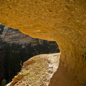 The Cliff Spring Trail cuts underneath a rocky overhang