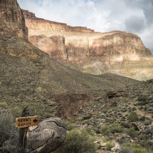 A view of the Hermit Creek drainage from, with light pouring onto the redwall cliffs above and a sign that says "Hermit rapid" pointing down the drainage.