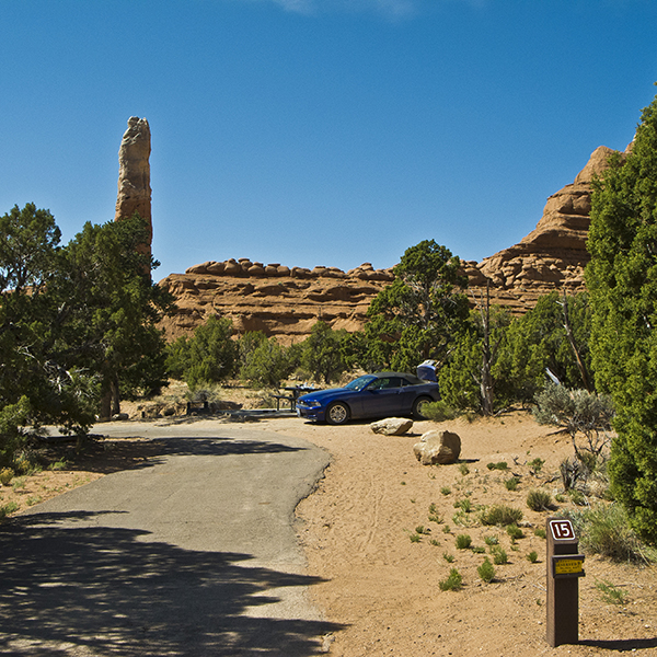 Redrock cliffs and a spire in the Kodachrome campground