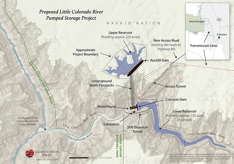 Map of the proposed Little Colorado River dam project showing the little Colorado River, the gorge, and where dams and reservoirs would go