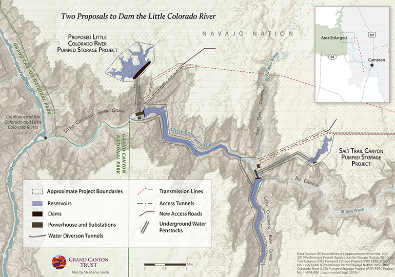 Map of the proposed Salt Trail Canyon project showing the little Colorado River, the gorge, and where dams and reservoirs would go