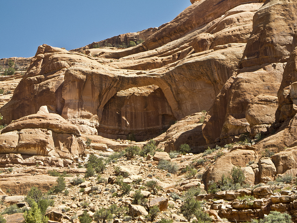 A view of the canyon walls and a small arch.