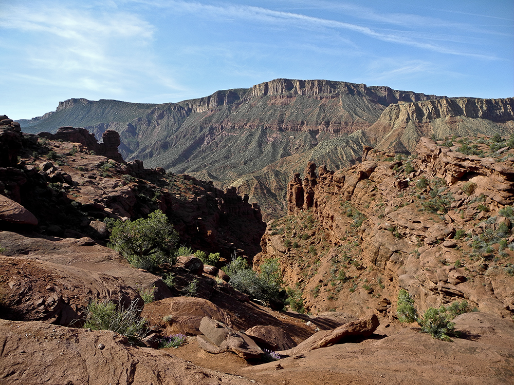 The head of a sandstone canyon with cliffs in the background