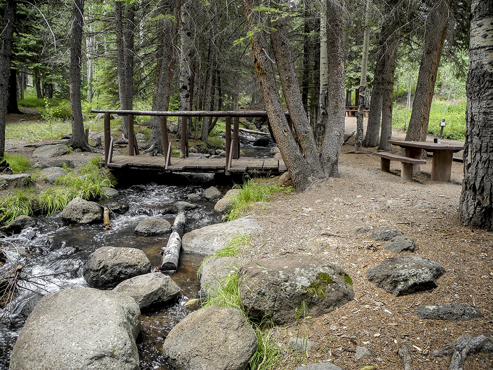 A wooden bridge cross the creek to a campsite at Oak Creek Campground