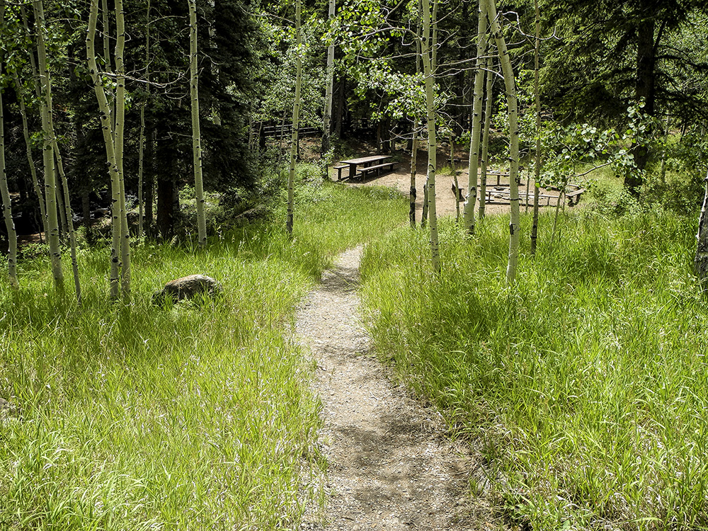 A gravel path leads to a campsite in Oak Creek Campground