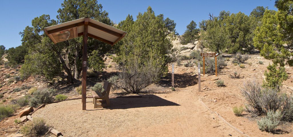 A view of an empty campsite in Stateline Campground, with a shade structure and picnic table