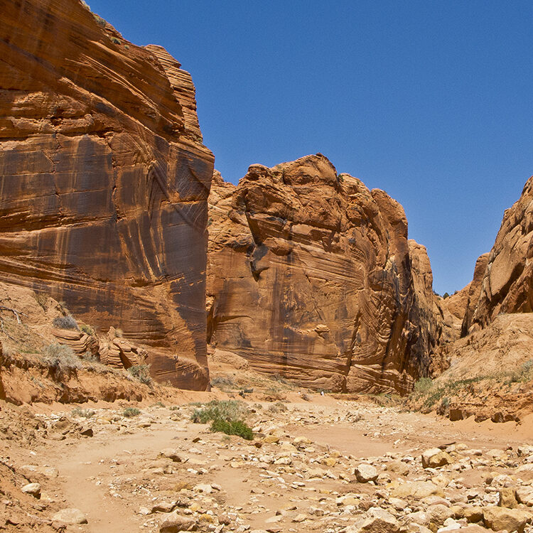Deep orange sandstone walls rise up from a wide gravel wash