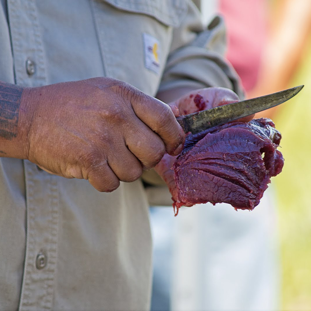 A man's hands cut dark red meat with a knife
