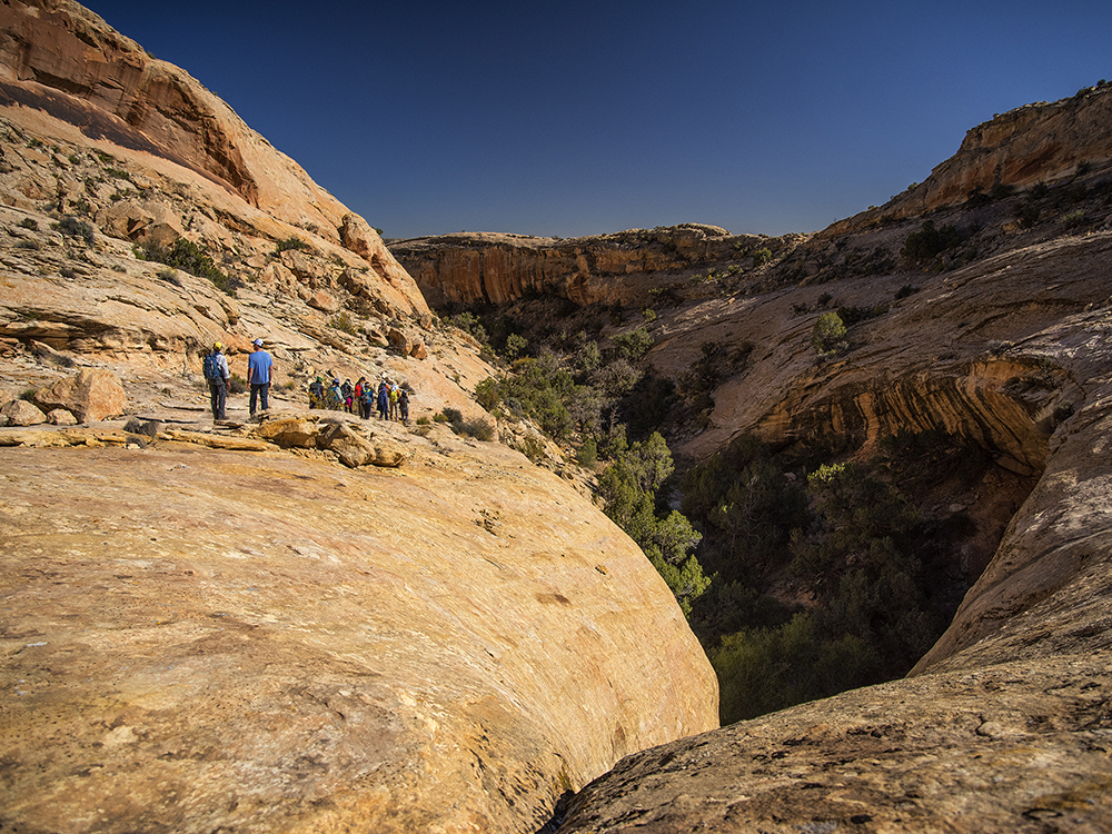 A group of Trust donors hikes on slickrock.