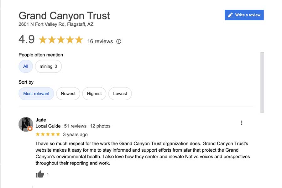 A screenshot of the Google Reviews page of the Grand Canyon Trust showing an average review of 4.9