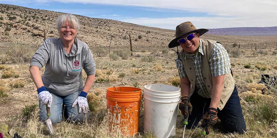 Two volunteers pause while planting native species.