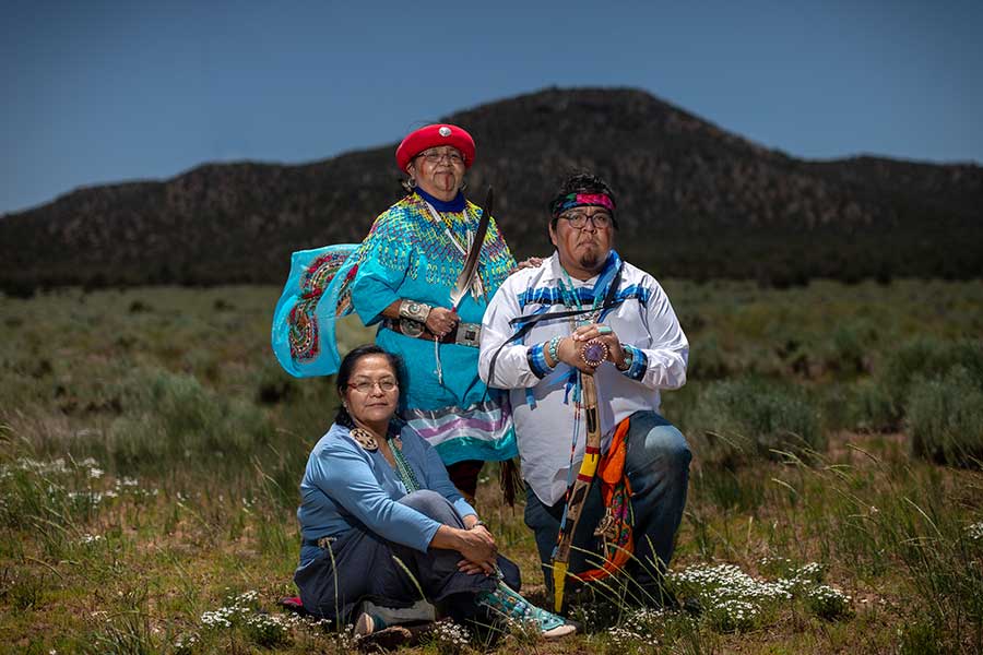 Catletta Tilousi, Diana Sue White Dove Uqualla and Stewart Chavez of the Havasupai Tribe in front of Red Butte, during their campaign to protect the area as a national monument