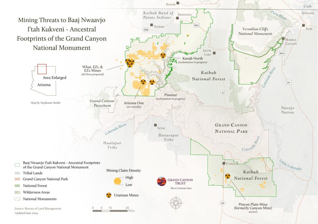 Map illustrating mining threats to the Baaj Nwaavjo I'tah Kukveni - Ancestral Footprints of the Grand Canyon National Monument, highlighting uranium sites and tribal lands.