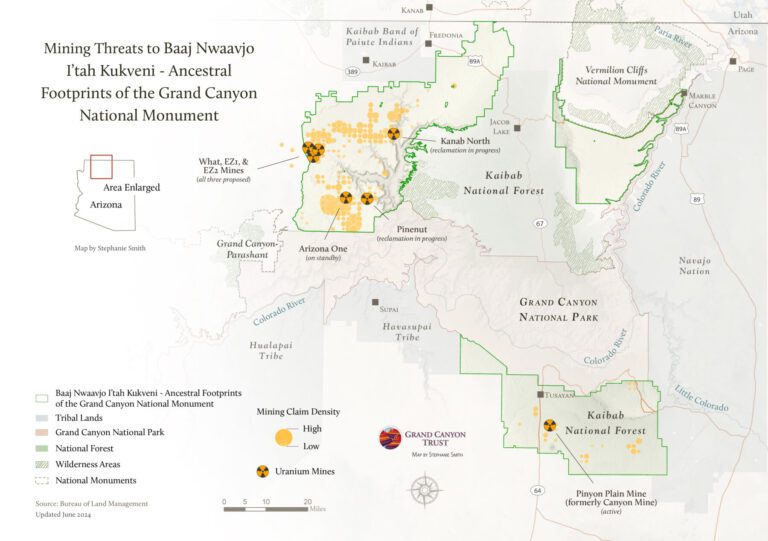 Map illustrating mining threats to the Baaj Nwaavjo I'tah Kukveni - Ancestral Footprints of the Grand Canyon National Monument, highlighting uranium sites and tribal lands.
