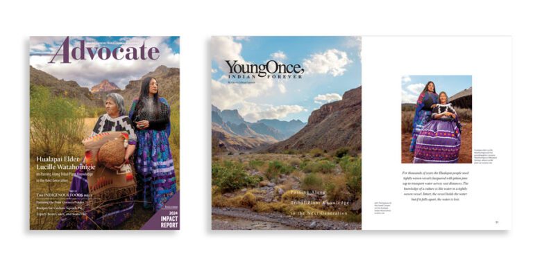 Grand Canyon Trust Colorado Plateau Advocate Magazine spread for the 2025 Spring Advocate magazine featuring Indigenous women in traditional attire, posed outdoors in a desert landscape with mountains; includes titles and text blocks.