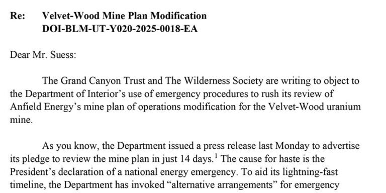 Letter addressed to Mr. Suess objecting to the Department of Interior’s expedited review of a mine plan modification for the Velvet-Wood uranium mine.