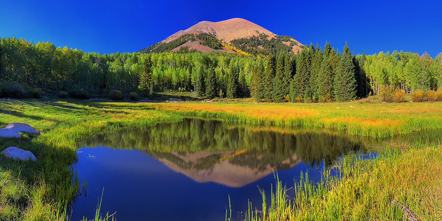 A small pond reflects a forest of green trees and a mountain under a clear blue sky.